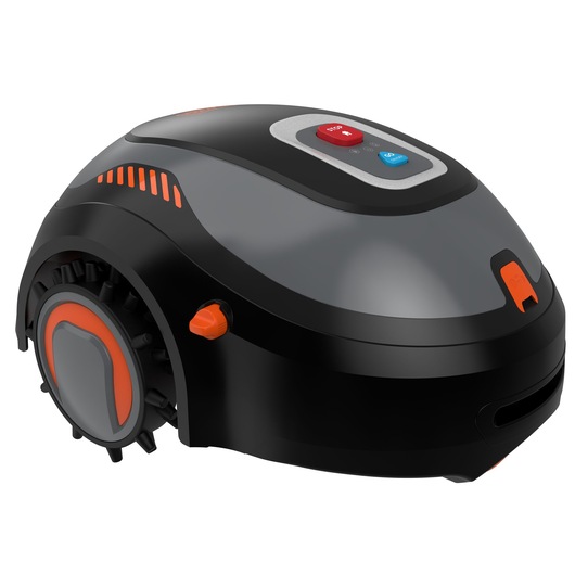 A close-up view of a BLACK+DECKER robotic lawn mower, model BCRMW123, featuring a sleek black and gray design with orange accents. The top panel has stop and go buttons, and the device has rugged wheels suitable for outdoor use.