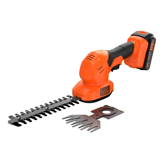 BLACK+DECKER BCSS18D1 orange cordless garden shear with blade attachments, side angle on white background.