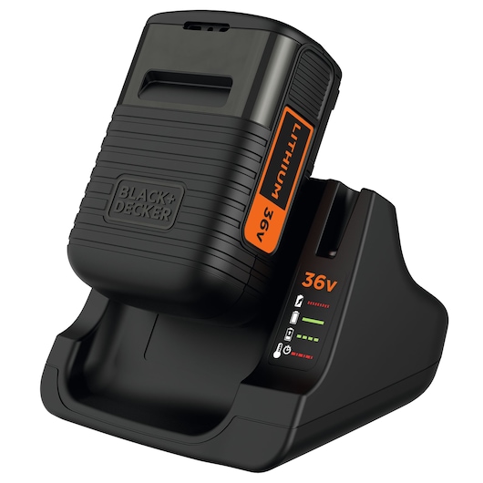 A BLACK+DECKER 36V lithium battery charger with battery inserted, displaying charge indicator lights. The charger and battery are black with orange labeling.