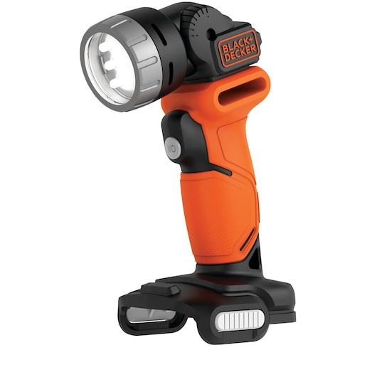 A BLACK+DECKER cordless LED work light with an adjustable head and ergonomic orange and black handle.