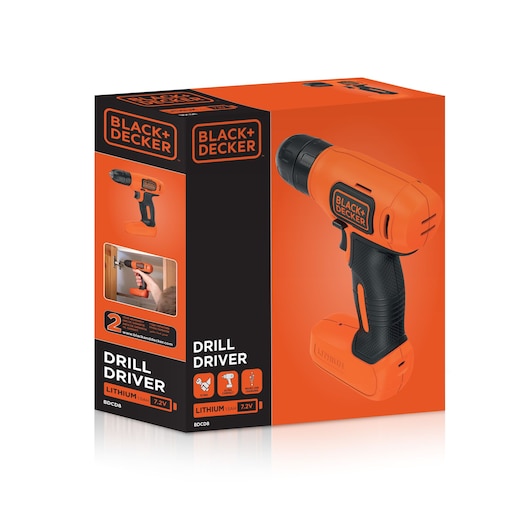 Photo of BLACK+DECKER BDCD8-TR drill driver box, orange and black, with product image and feature highlights, front angle.