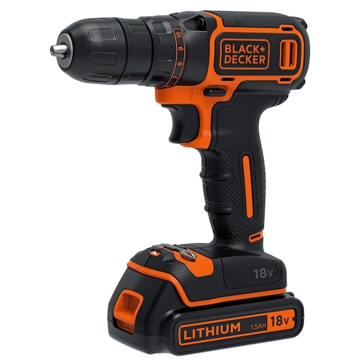 A BLACK+DECKER cordless drill with an 18V lithium battery. The drill has a black and orange design, ergonomic handle, and adjustable settings for different tasks.