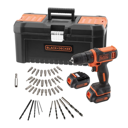 BLACK+DECKER cordless drill set with black and orange tool case. The set includes a cordless drill, two lithium batteries, various drill and screwdriver bits, and a black toolbox with the BLACK+DECKER logo.