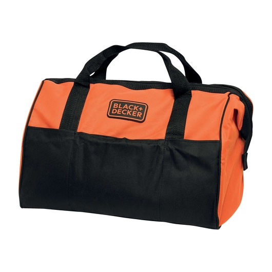 Photo of BLACK+DECKER BDCDD12HTSA_kit_bag tool bag, orange and black with handles, front view on white background.