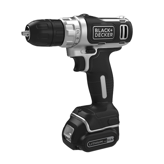 A BLACK+DECKER cordless drill with a black and silver design, featuring a lithium 10.8V battery and ergonomic handle.