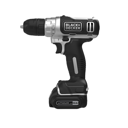 A BLACK+DECKER cordless power drill with a black and silver design, featuring a lithium 10.8V battery.