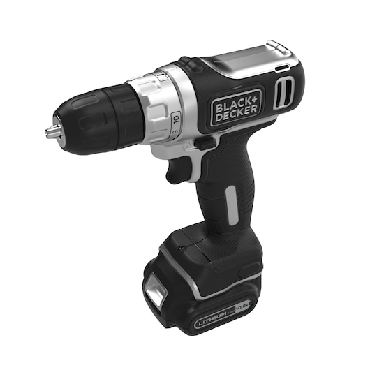 A BLACK+DECKER cordless drill with a black and silver design, featuring a lithium-ion battery and ergonomic handle.