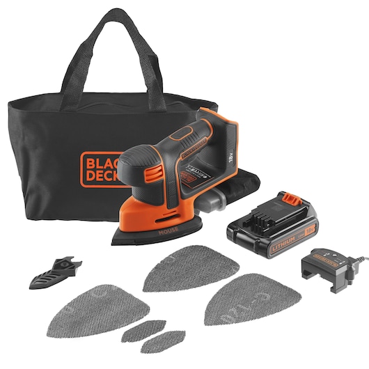BLACK+DECKER BDCDS18 cordless detail sander kit with sanding sheets, charger, battery, and carrying bag, front view.