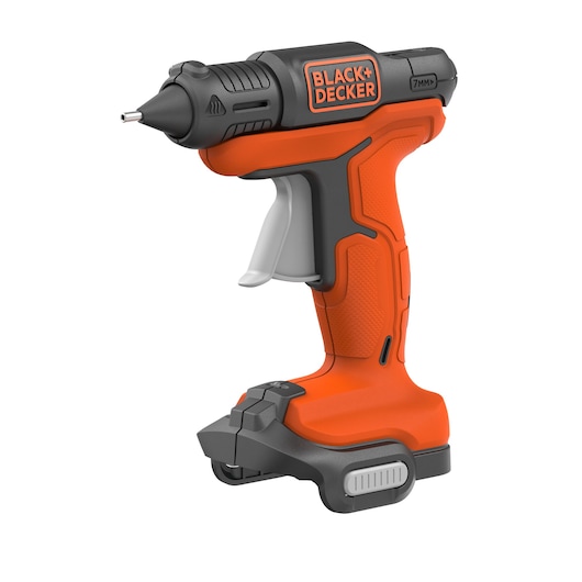 A BLACK+DECKER cordless hot glue gun with an orange and black design, featuring a trigger and ergonomic handle.