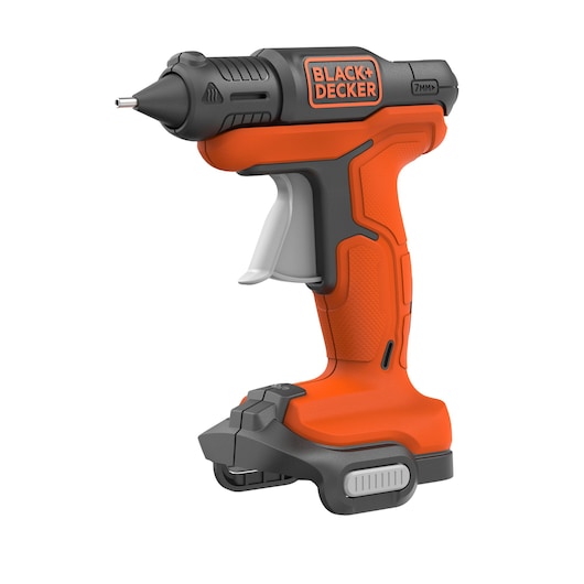 Cordless BLACK+DECKER glue gun with an ergonomic orange and black handle, designed for easy use and precision in crafts and DIY projects.