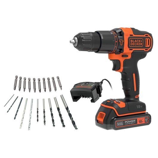 A BLACK+DECKER cordless drill set with an 18V lithium battery, charger, several drill bits, and screwdriver bits. The drill is black and orange, with the brand logo visible.