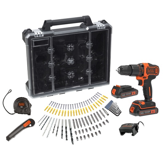 A BLACK+DECKER cordless drill set with accessories, including a black and orange drill, two 18V batteries, charger, measuring tape, utility knife, drill bits, screwdriver bits, hex keys, anchors, screws, and a black storage case.