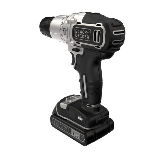 A BLACK+DECKER 18V cordless drill with a black and silver design, featuring a lithium battery at the base.