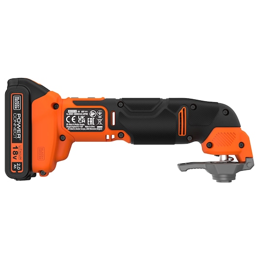 A BLACK+DECKER cordless multi-tool with an orange and black body, labeled with 'POWER CONNECT' and '18V Lithium 2.0 Ah'. The device features a compact design and a metallic attachment at the front, suitable for various DIY and renovation tasks.