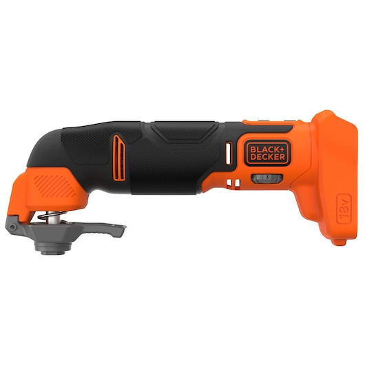 Cordless BLACK+DECKER 18V oscillating multi-tool with orange and black body, designed for cutting, sanding, and scraping applications.
