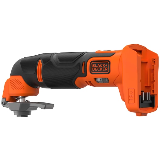 Cordless BLACK+DECKER oscillating multi-tool, predominantly orange and black, designed for various cutting, sanding, and scraping tasks. The tool is shown with no battery attached.