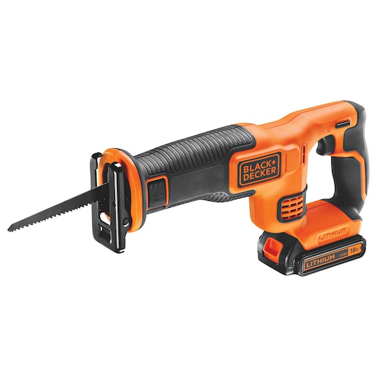 A BLACK+DECKER 18V cordless reciprocating saw with an orange and black design, featuring a lithium battery and a textured handle for grip.