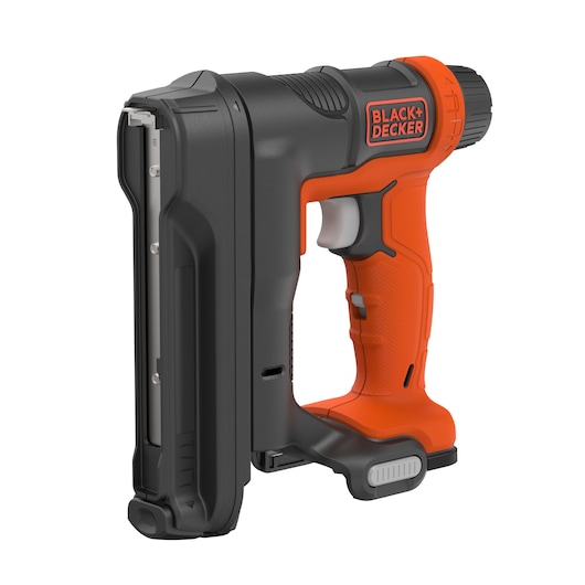 A BLACK+DECKER branded electric staple and nail gun with an orange and black ergonomic handle, shown in a three-quarter view.