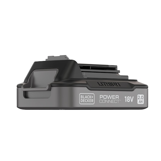 BLACK+DECKER BDL2018S 18V 2.0Ah lithium battery, side angle, black with visible brand and specs label.
