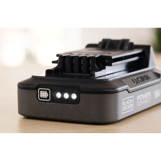 Photo of BLACK+DECKER BDL2018S power tool battery with indicator lights, side angle on white background.