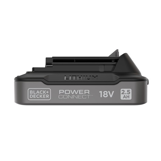 BLACK+DECKER 18V 2.5Ah lithium battery BDL2518S, black, side angle on white background.
