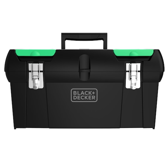 BLACK+DECKER BDST19120 black toolbox with green accents, metal latches, front angle, white background.