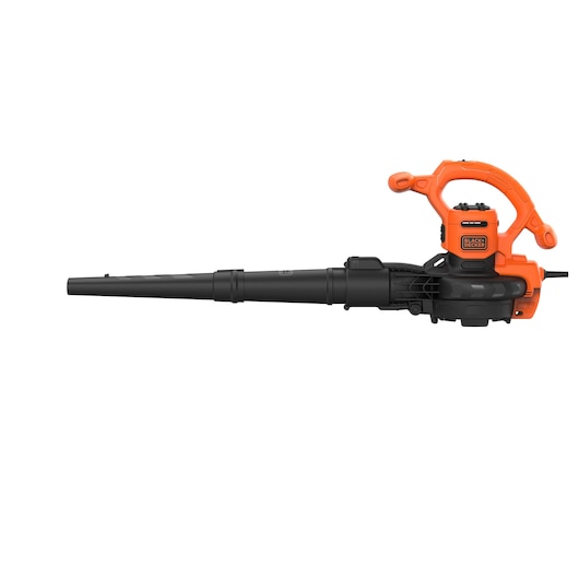 A BLACK+DECKER electric leaf blower and vacuum with a black tube and an orange handle, shown from the side against a white background.