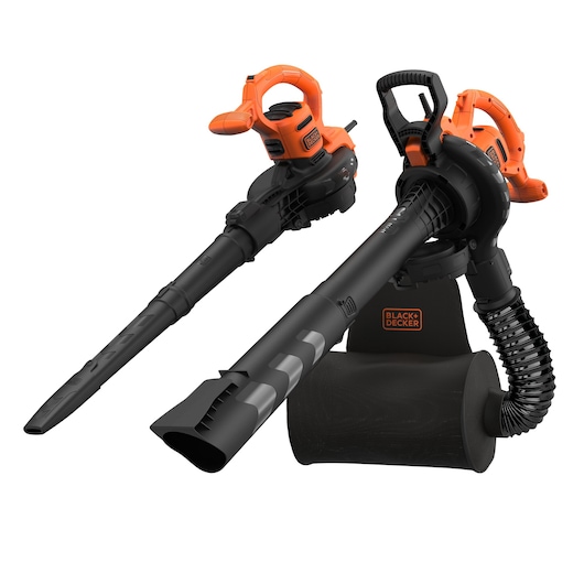 BLACK+DECKER electric leaf blower and vacuum with orange and black design, featuring two interchangeable tubes and a collection bag.