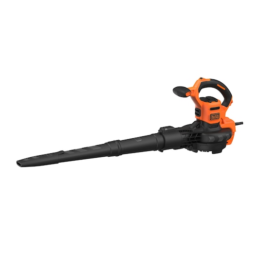 A BLACK+DECKER electric leaf blower and vacuum, model BEBLV300, shown on a white background. The tool is black and orange with a handle and a long nozzle.