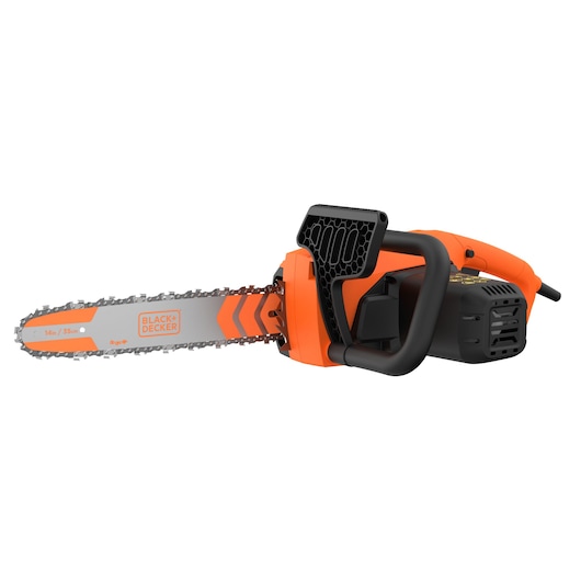BLACK+DECKER electric chainsaw with a 35cm (14 inch) blade, featuring an orange and black design.