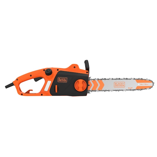 BLACK+DECKER electric chainsaw with orange and black design, featuring a 14 inch (35 cm) blade and ergonomic handle.