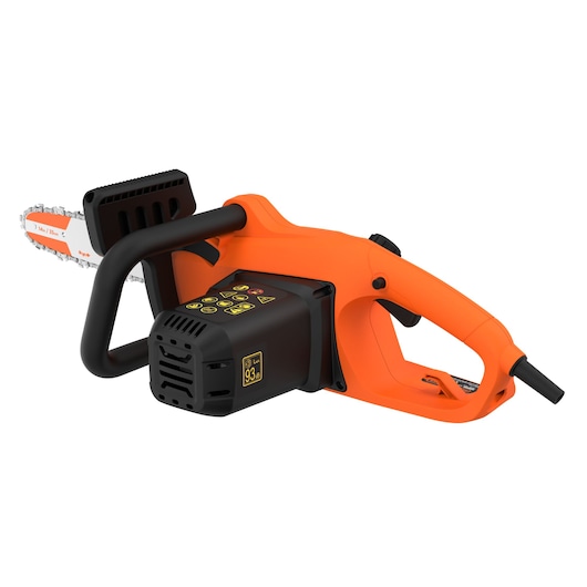 Close-up image of an orange and black electric chainsaw with a visible blade and safety guard.