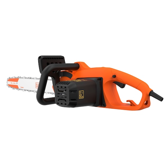 Close-up image of an orange and black electric chainsaw with a visible blade, sturdy handle, and power cord, branded BLACK+DECKER.