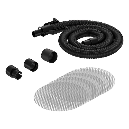 Black hose with adapters and mesh filters for photography equipment.