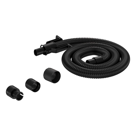 Coiled black vacuum hose with multiple connector attachments, displayed on a white background.