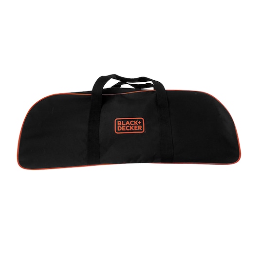 Black+Decker black carrying bag with orange trim and logo, two handles, rectangular shape.