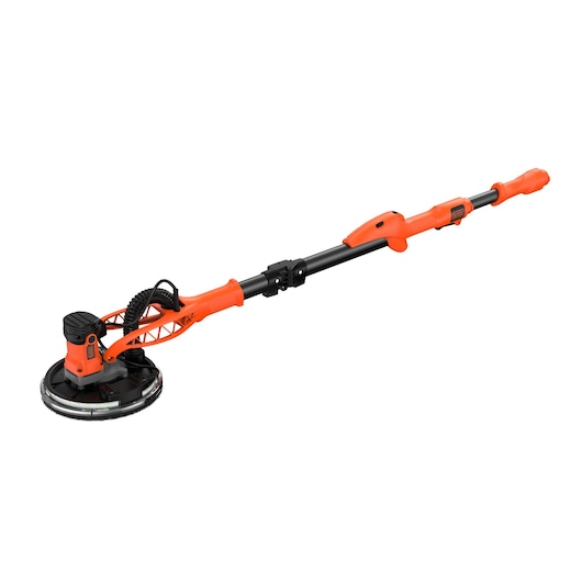 BLACK+DECKER BEDW700 electric drywall sander with an extendable black and orange handle, designed for sanding walls and ceilings.
