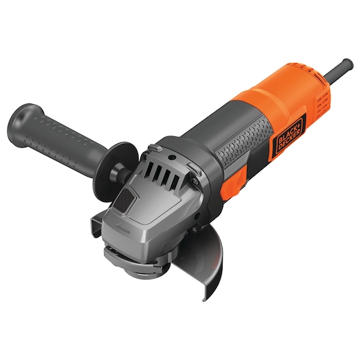 A BLACK+DECKER angle grinder with an orange and black body, side handle, and protective guard, shown on a white background.