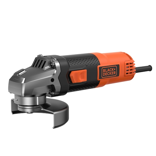 A BLACK+DECKER electric angle grinder with an orange and black body, side switch, and a visible safety guard around the grinding disc, shown against a white background.