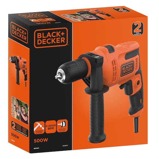 BLACK+DECKER BEH200 corded hammer drill 500W packaging, shows orange and black drill with side handle, front angle.