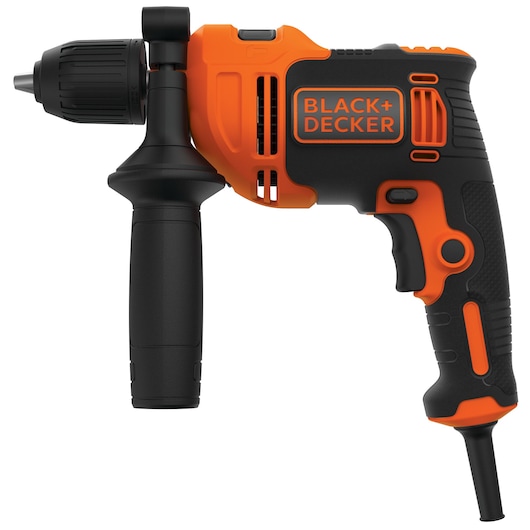 BLACKDECKER BEH550 corded hammer drill, black and orange, left side view, ergonomic handle.