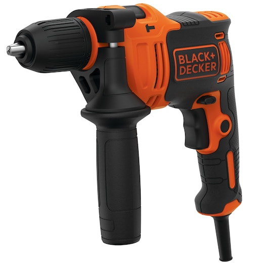 A BLACK+DECKER electric hammer drill, model BEH710, featuring a black and orange design, ergonomic handle, and side auxiliary handle.