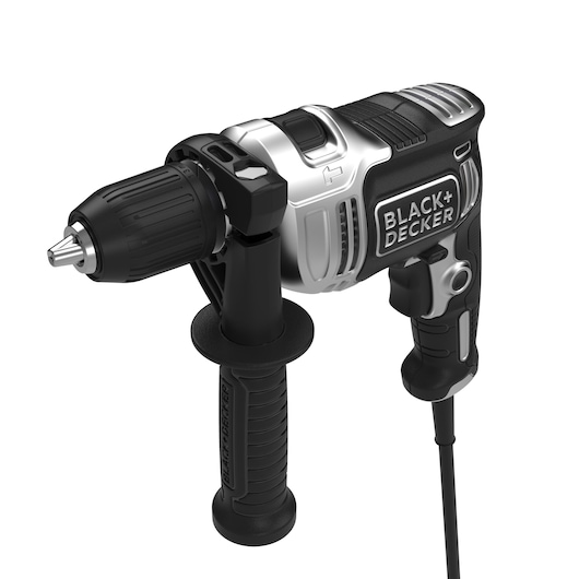 A BLACK+DECKER electric corded drill with a side handle and ergonomic grip, shown in a three-quarter view.