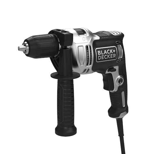 A corded BLACK+DECKER electric drill with a side handle, shown against a white background.
