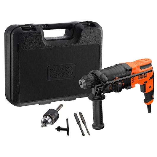 BLACK+DECKER hammer drill kit including an orange and black corded hammer drill, a sturdy black carrying case, a drill chuck with key, and two drill bits.