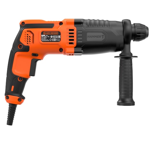 A BLACK+DECKER corded hammer drill with an orange and black design, side handle, and label visible on the side.