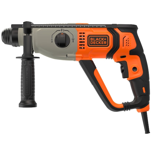 A BLACK+DECKER electric rotary hammer drill with an ergonomic handle and side grip, shown in orange and black color.