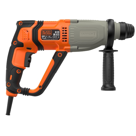 A BLACK+DECKER corded rotary hammer drill, featuring an orange and black body with a grey front section, and a side handle for extra control.