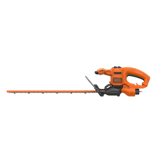 BLACKDECKER BEHT251 orange electric hedge trimmer, side view, black handle and blade on white background.