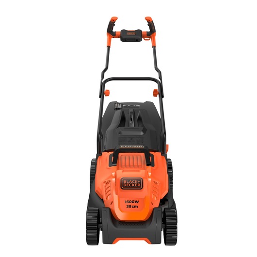 BLACKDECKER BEMW471BH electric lawn mower, orange and black, front angle, photography category.